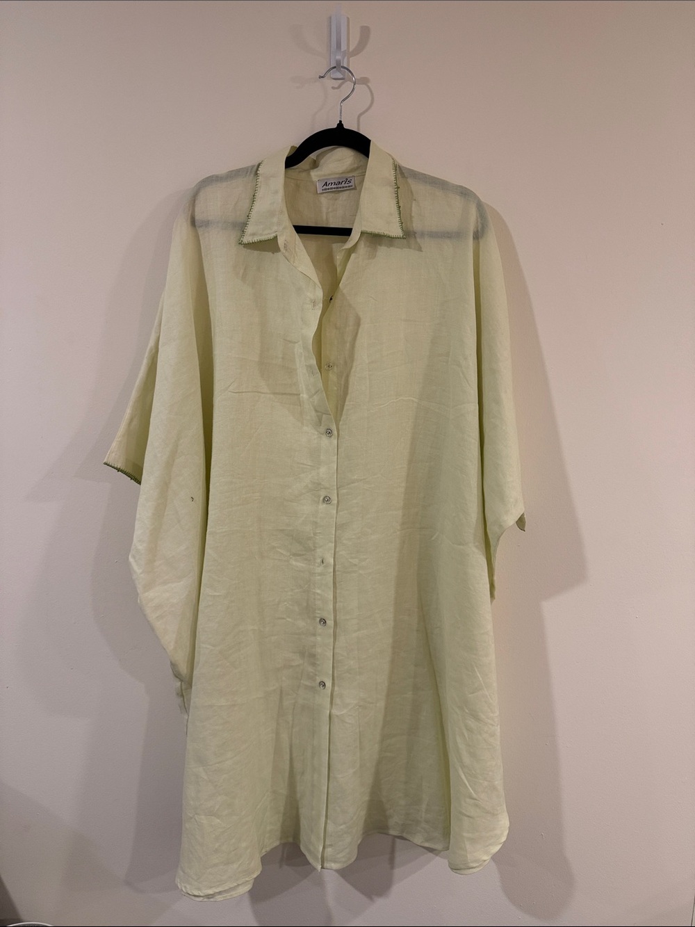 Handmade Moroccan Oversized Dress Pale Green Linen Casual Button-Down Shirt
